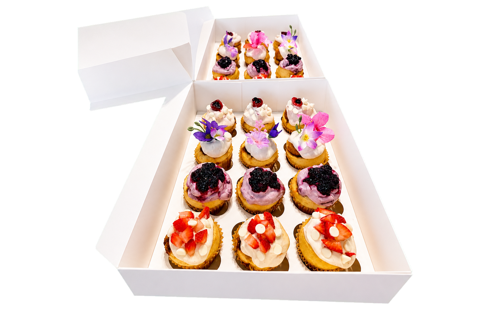 Open keepsake box of a dozen mini gourmet cupcakes