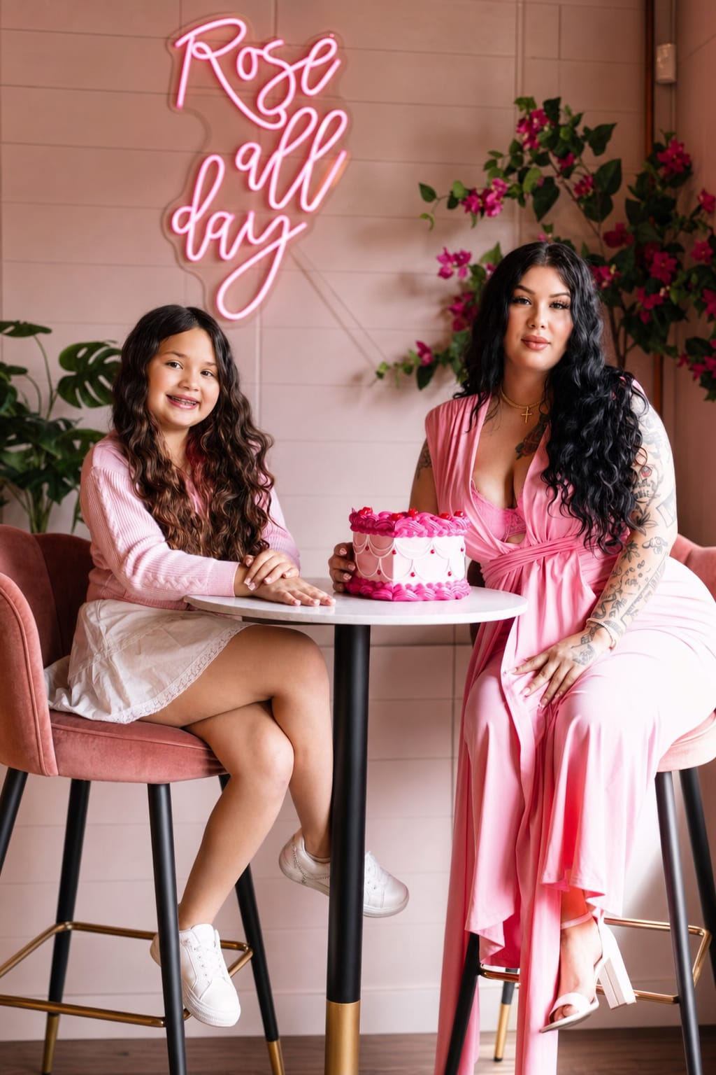 Aaliyah and her daughter at a pink café table