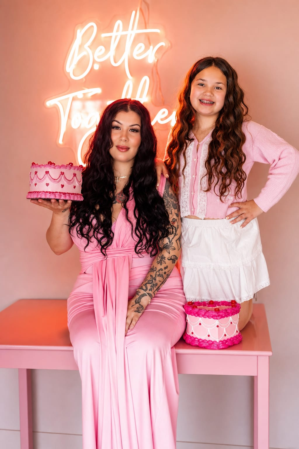 Aaliyah and her daughter under a Better Together neon sign