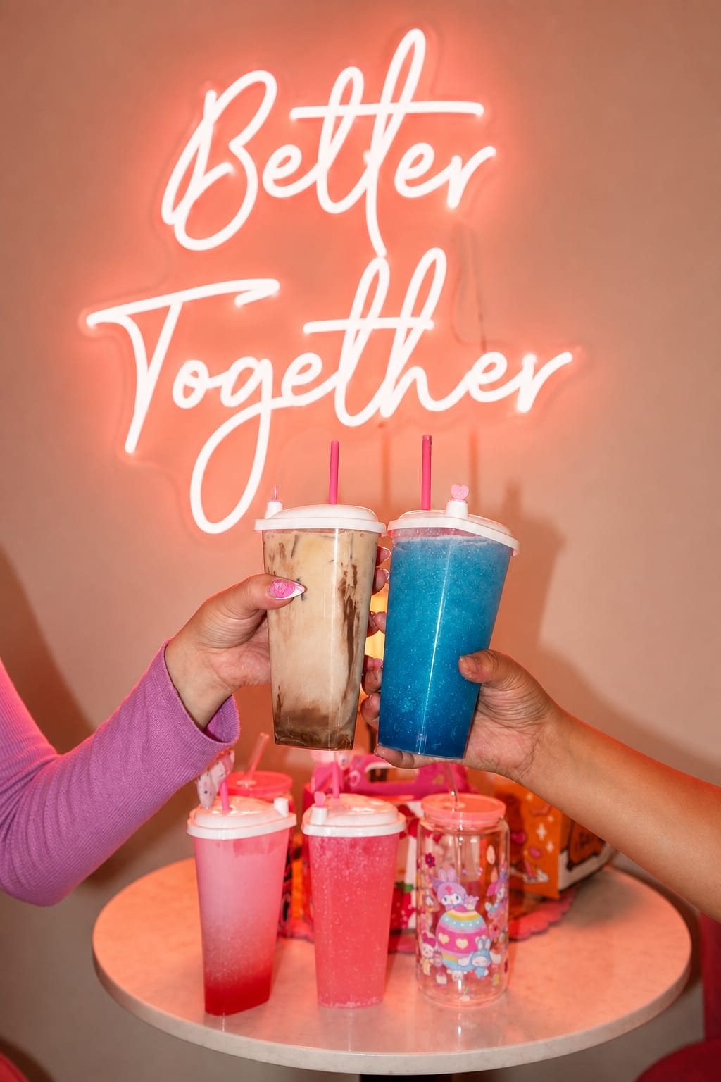 Better Together neon sign above a tray of glittery specialty drinks