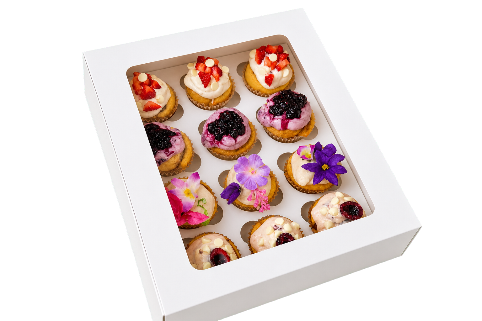 Boxed dozen of gourmet cupcakes with fresh fruit and edible flowers