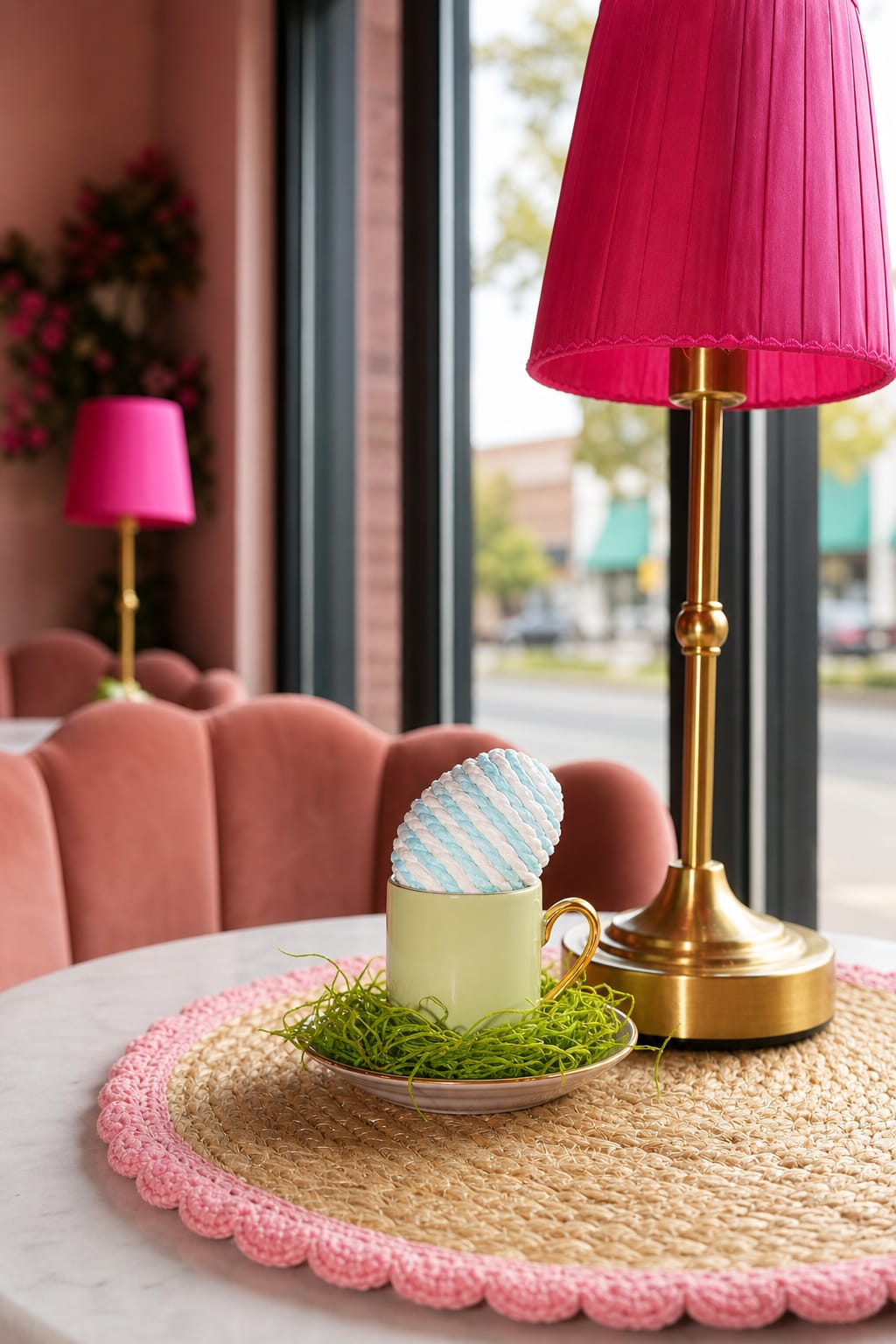 Pink window booth with hot-pink lamps