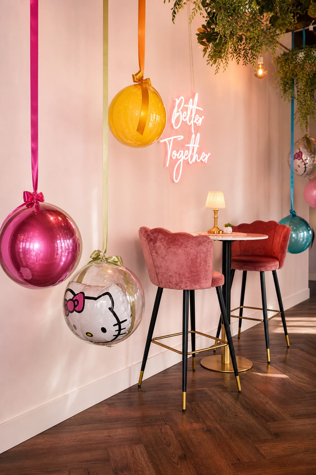 Themed interior with hanging Hello Kitty ornaments and Better Together neon