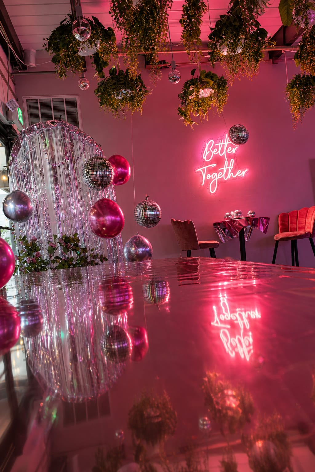 Pink disco-ball lounge with Better Together neon