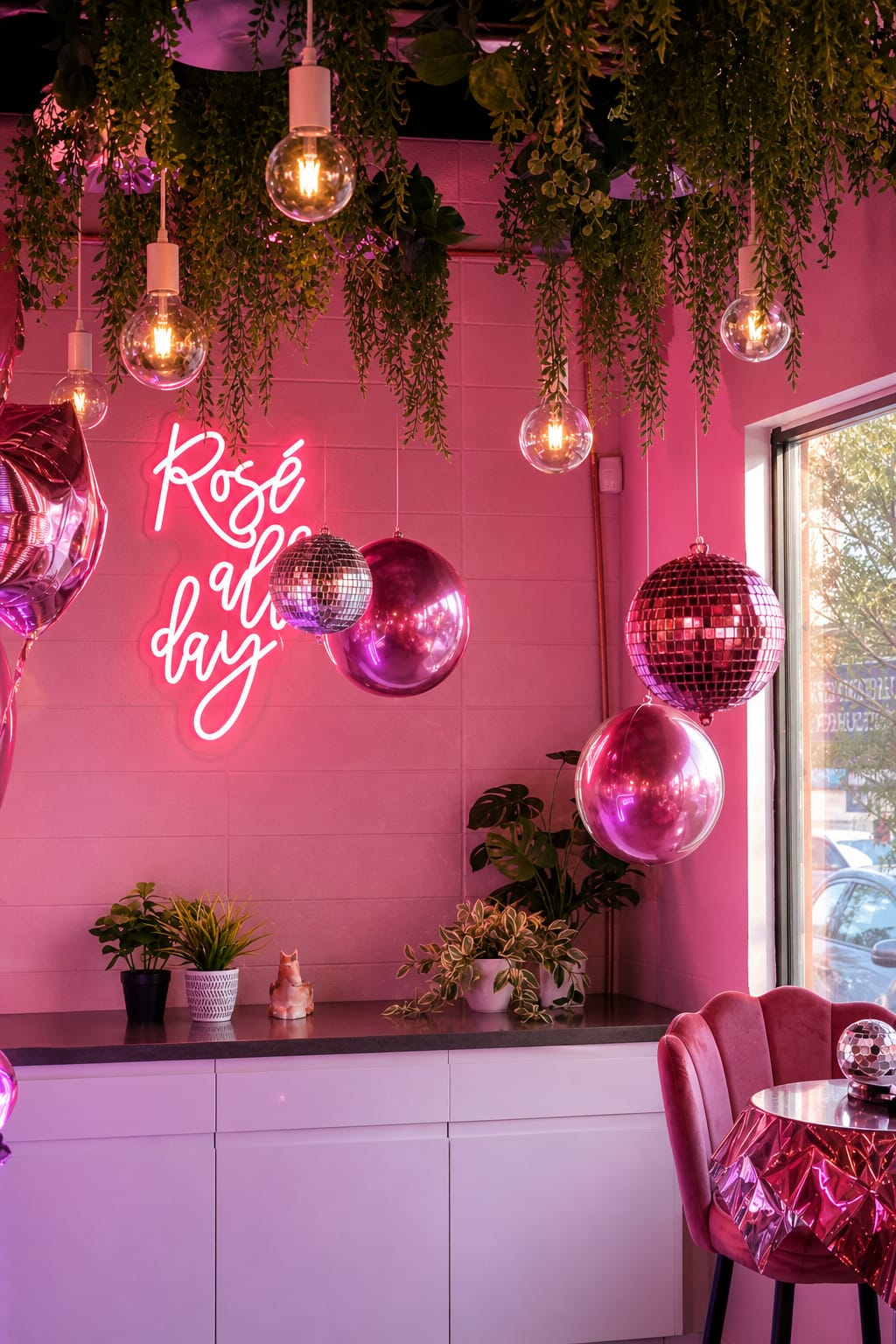Rosé all day neon with hanging disco balls