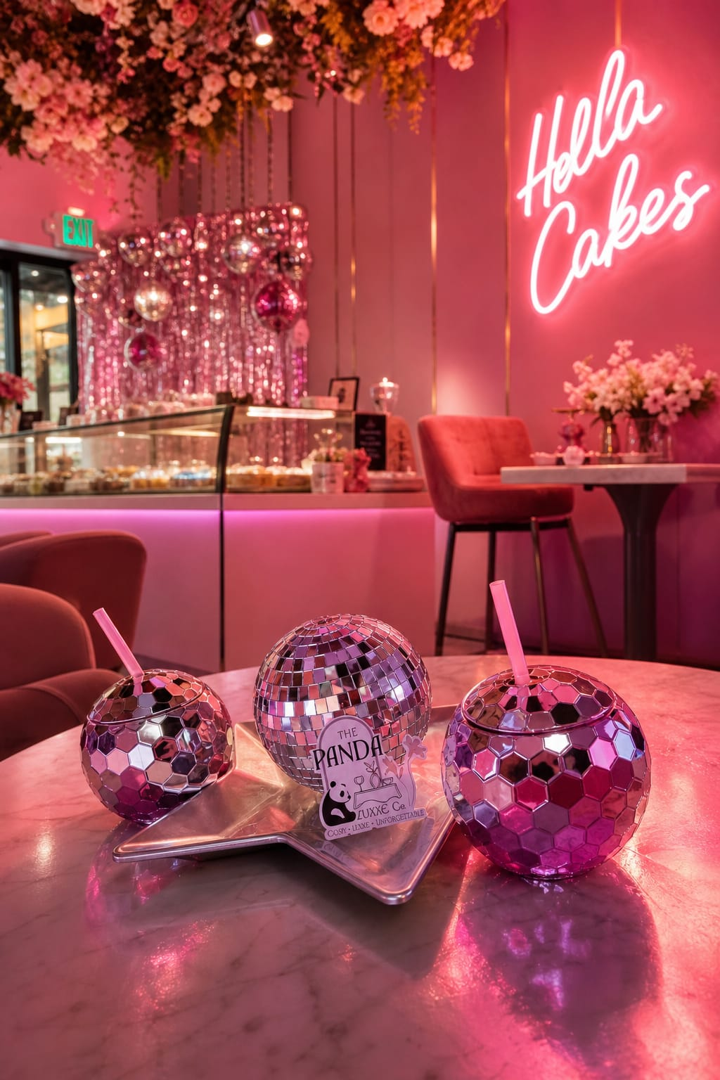 Hella Cakes neon sign over disco-ball drinks