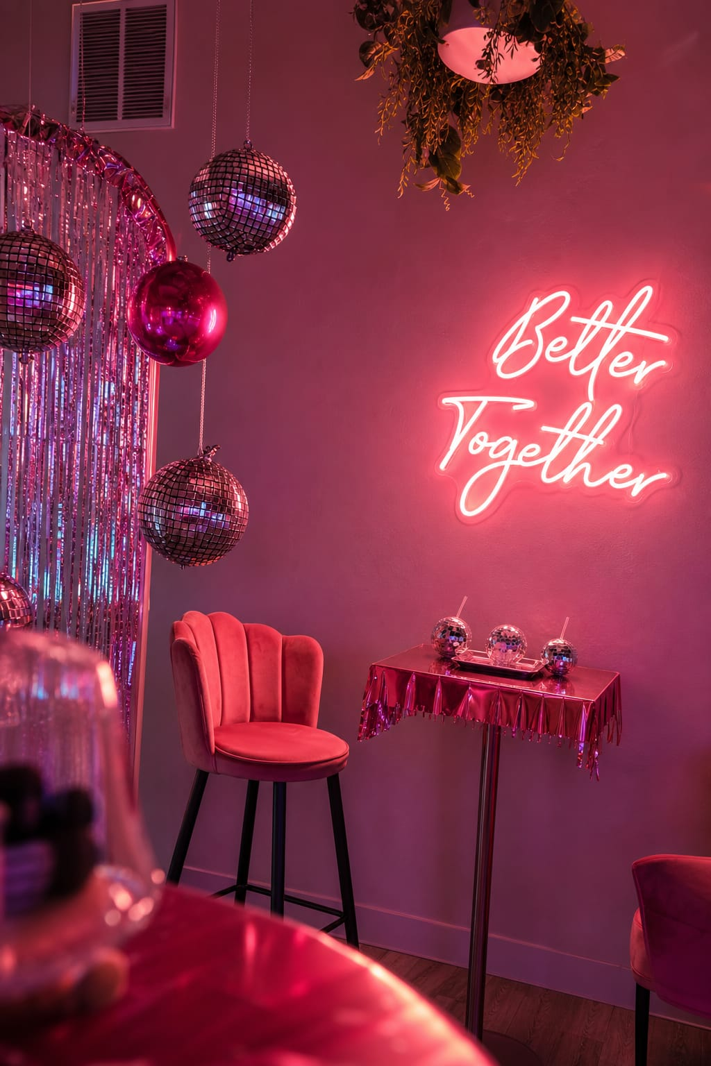 Better Together neon lounge with disco balls